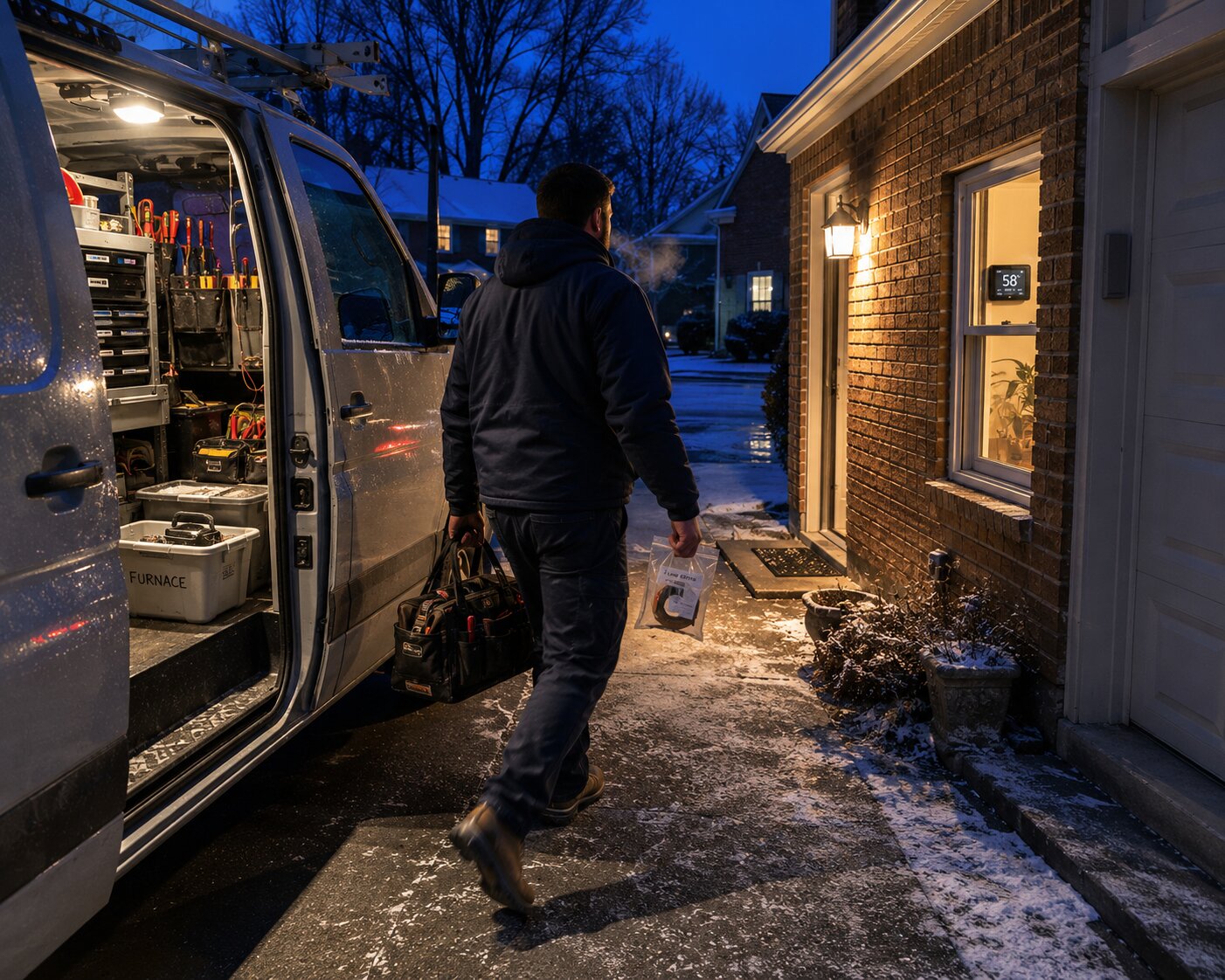HVAC technician arriving at residential emergency call on cold winter night with replacement furnace parts