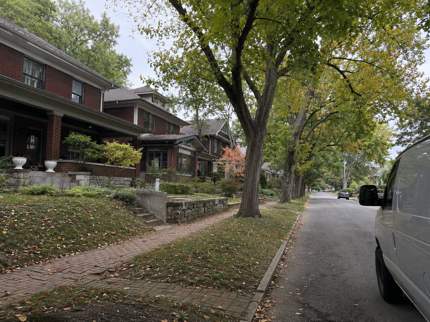 Residential street in historic Lexington Kentucky neighborhood showing 1920s brick homes and mature trees in early fall
