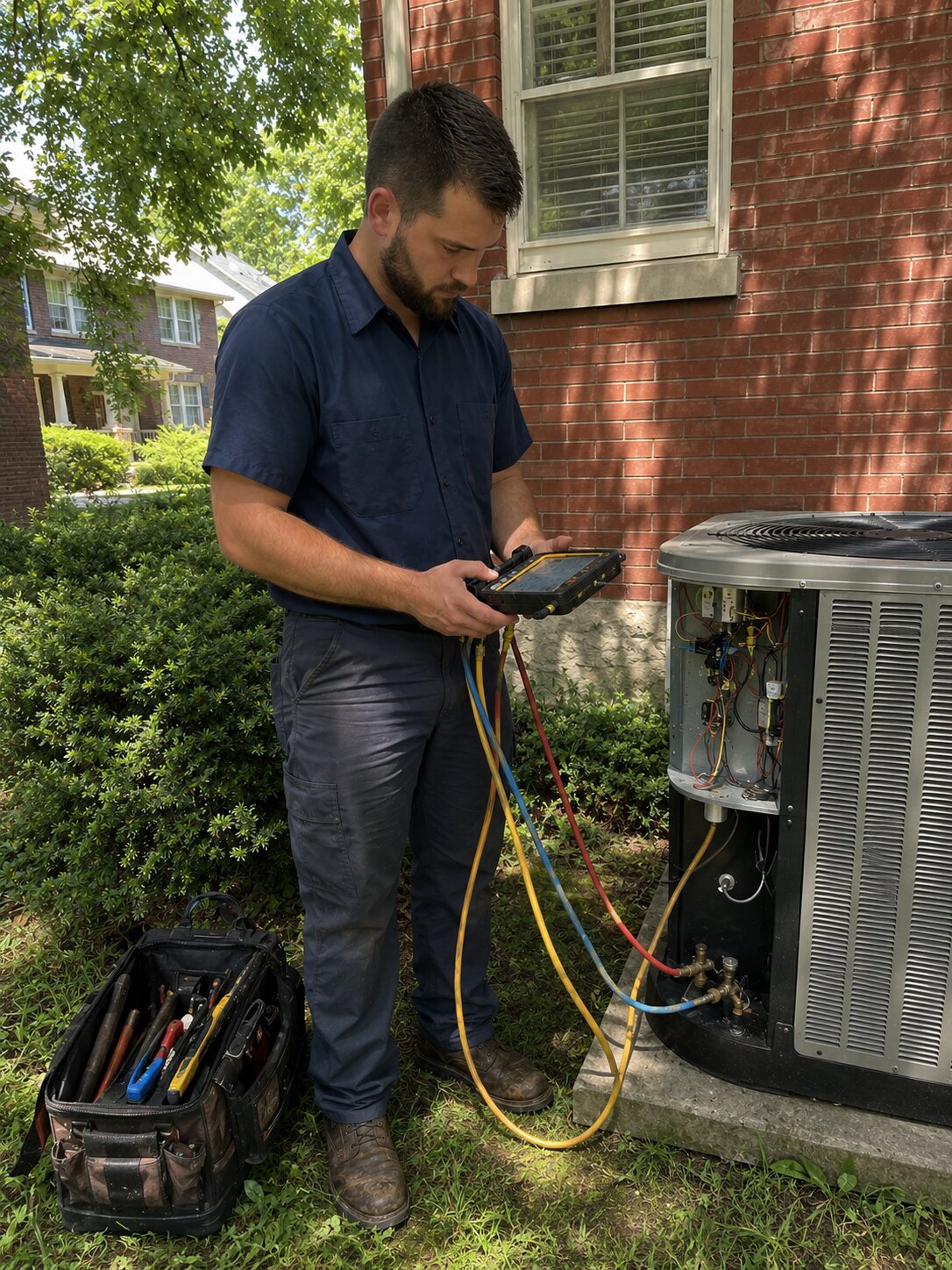 Licensed HVAC technician taking refrigerant pressure readings on outdoor AC unit at Lexington brick home