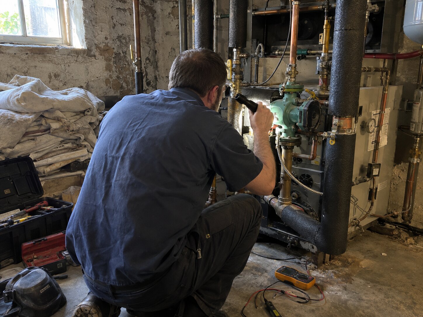 Inspecting a boiler circulator pump by Lexington Heating and Air