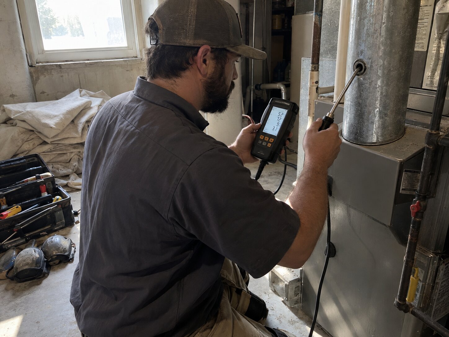 Combustion analysis reading at a furnace flue by Lexington Heating and Air