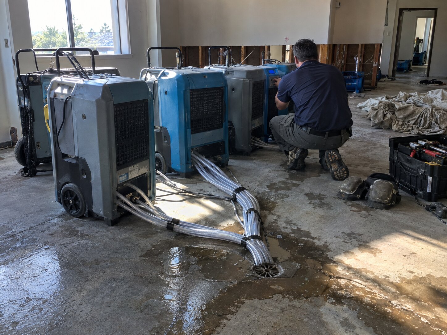 Commercial dehumidifier bank running after a water loss in Rooftop Units by Lexington Heating and Air