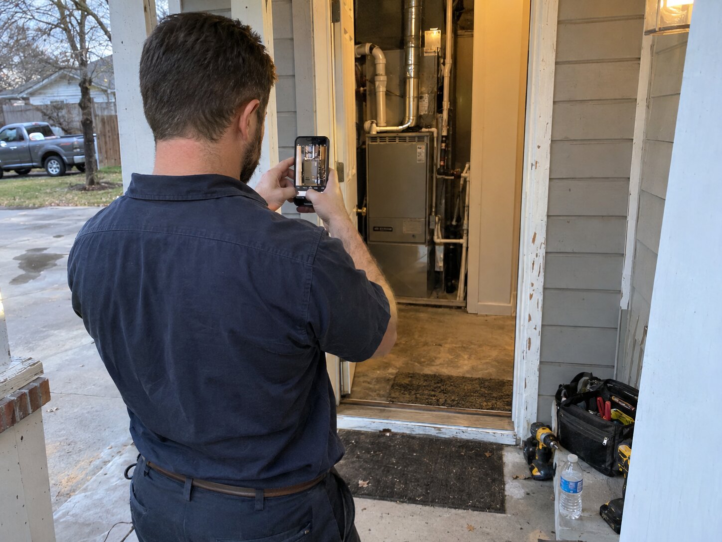 Photographing a completed job on a residential porch by Lexington Heating and Air
