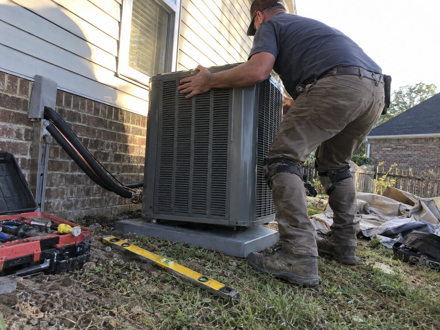 Setting a new AC condenser on a pad in Nicholasville Ky by Lexington Heating and Air