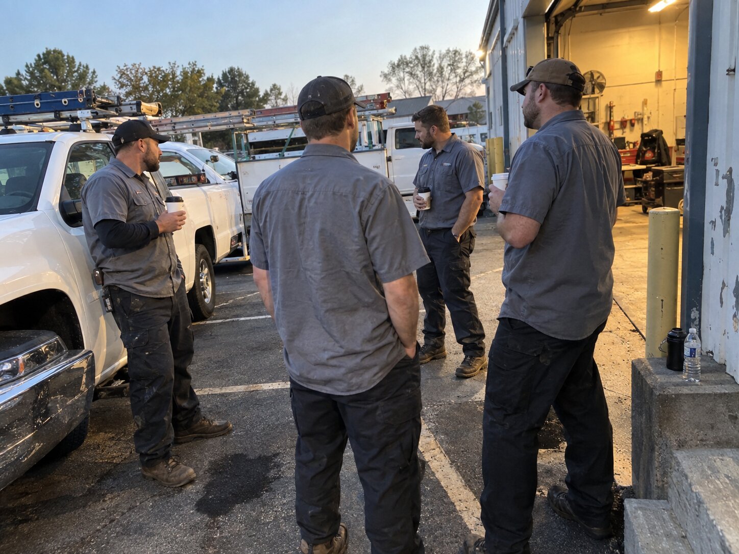 Crew starting a work day next to work trucks by Lexington Heating and Air