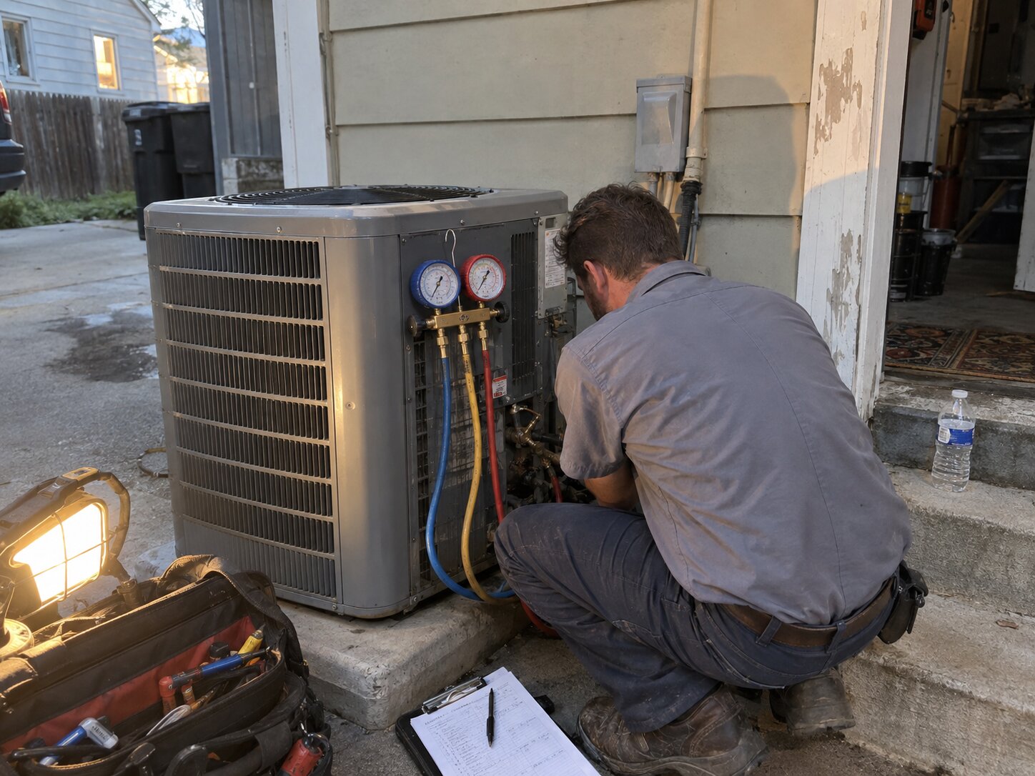 Refrigerant gauge check on an outdoor AC condenser by Lexington Heating and Air