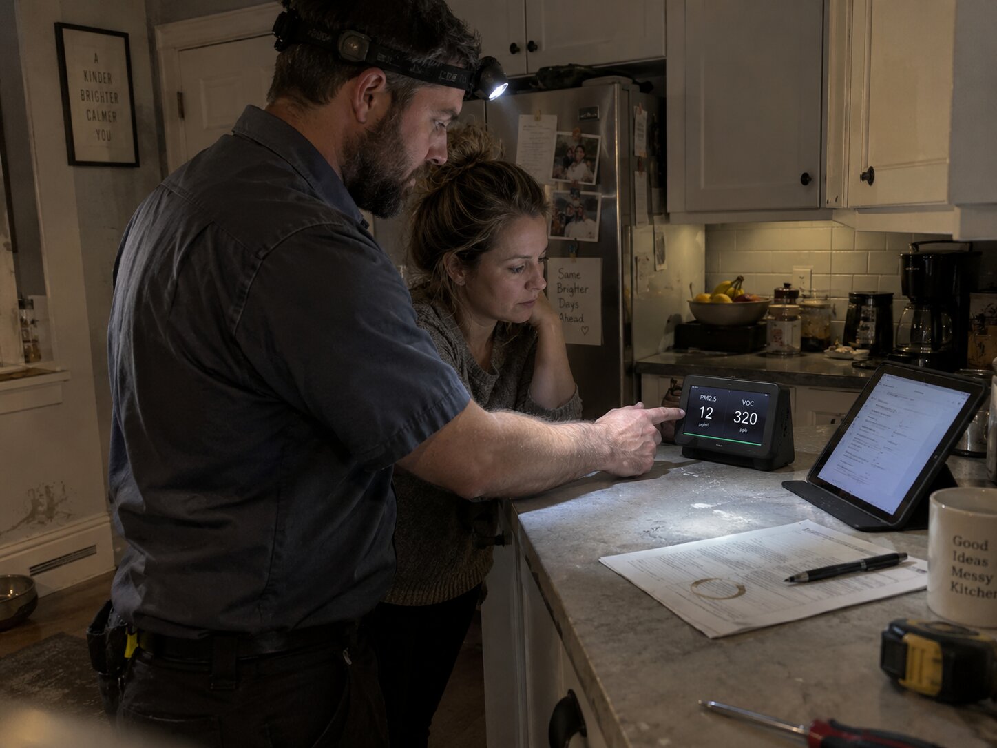 Reviewing an IAQ monitor with a homeowner in Dehumidifiers by Lexington Heating and Air