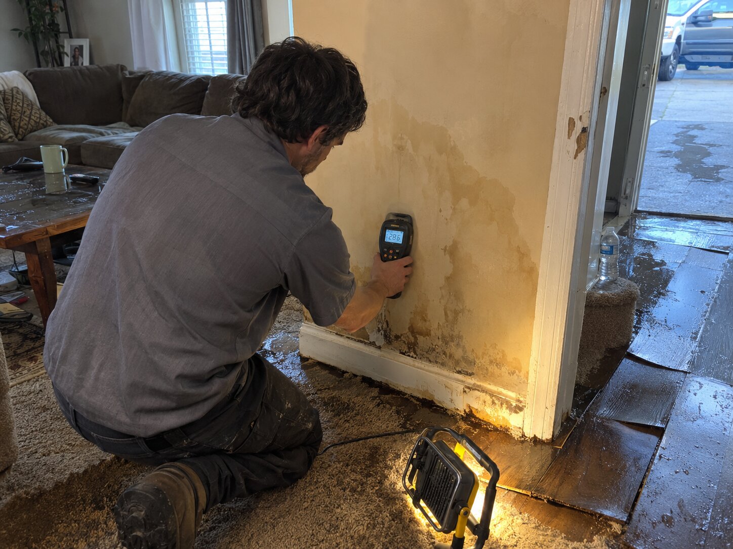 Moisture reading on damaged drywall in Our Process by Lexington Heating and Air