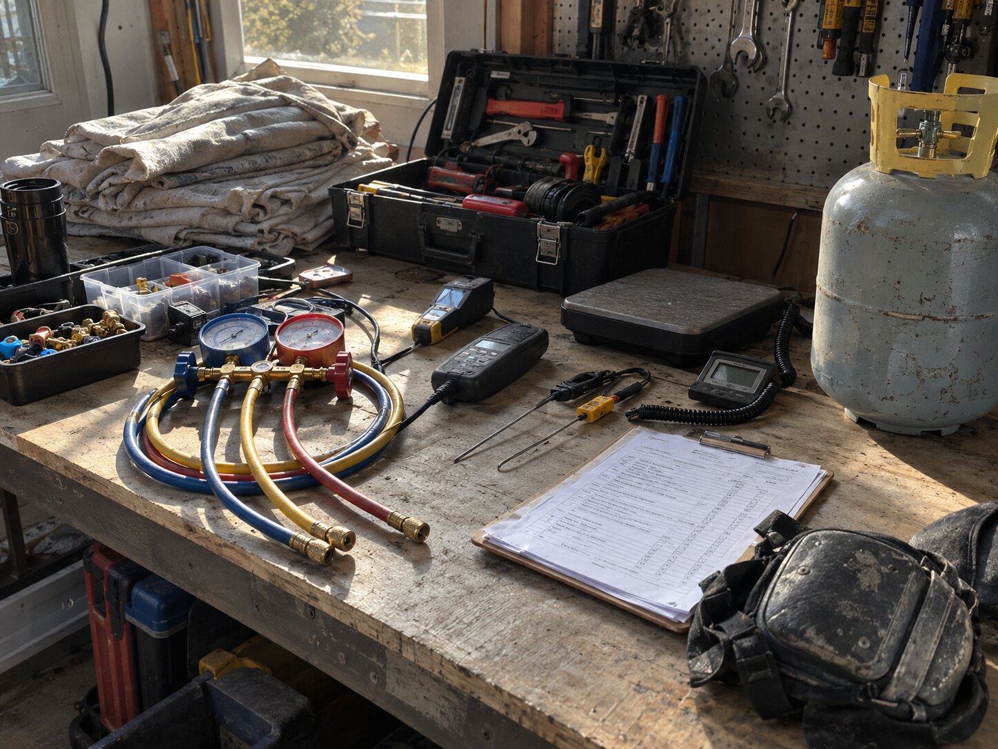 Shop workbench during a morning tool check in Refrigerant Recharge by Lexington Heating and Air