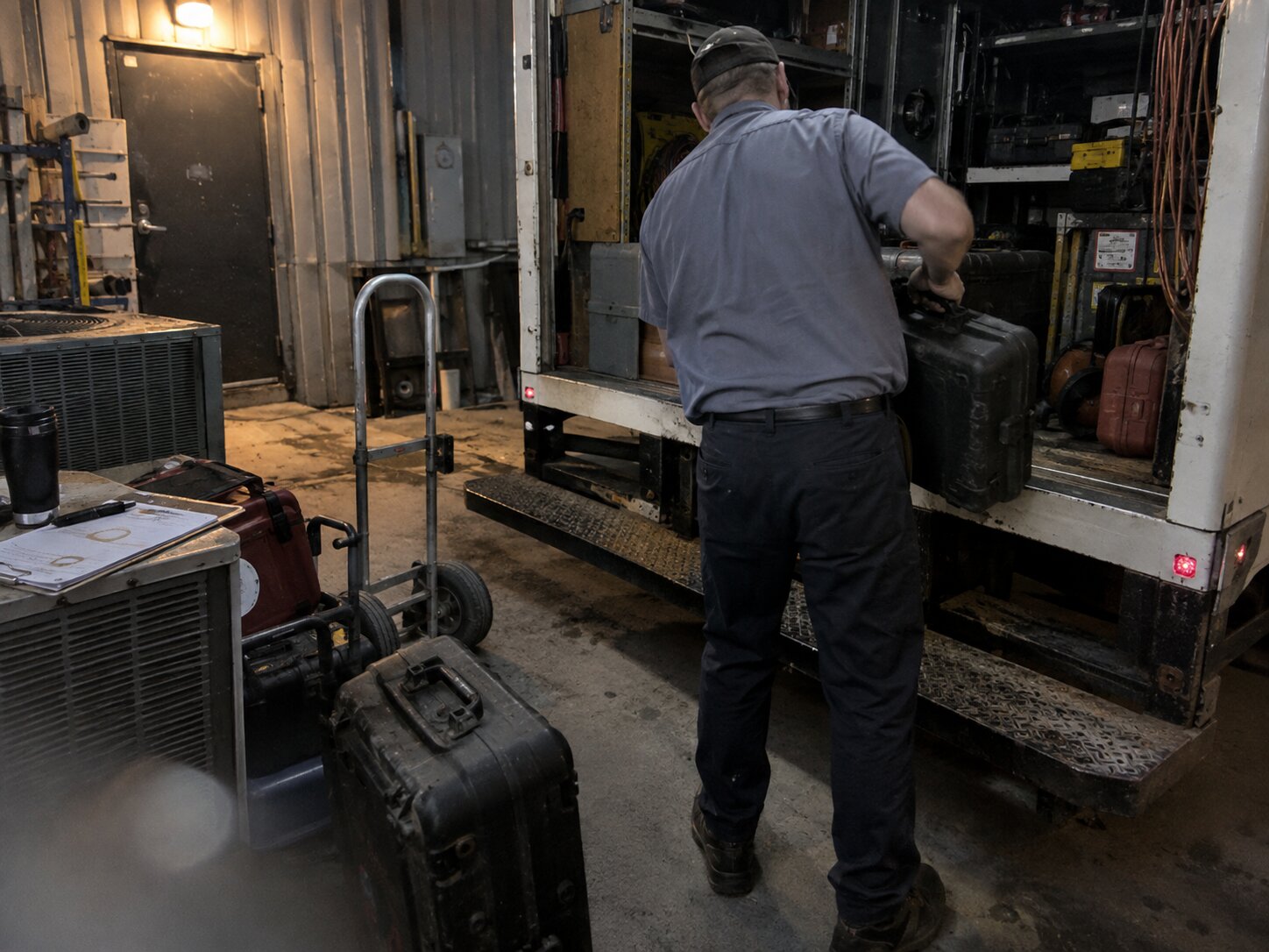 Loading assorted service equipment into a work truck in Ac Compressor Repair by Lexington Heating and Air